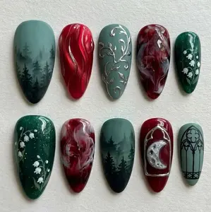Handmade Mystic Garden Press On Nails | Emerald Green Shimmer, Matte Sage, 3D Liquid Swirls | Reusable False Nails For Enchanted Forest Look
