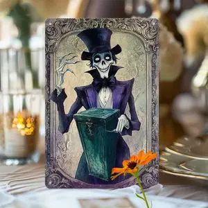 [Haunted Mansion Wall Art] 1pc Haunted Mansion Hatbox Ghost Aluminum Wall Art - 2D Flat Eerie Skeleton with Top Hat & Ornate Coffin Design, Perfect for Home, Office, or Halloween Decor, Halloween Decorations