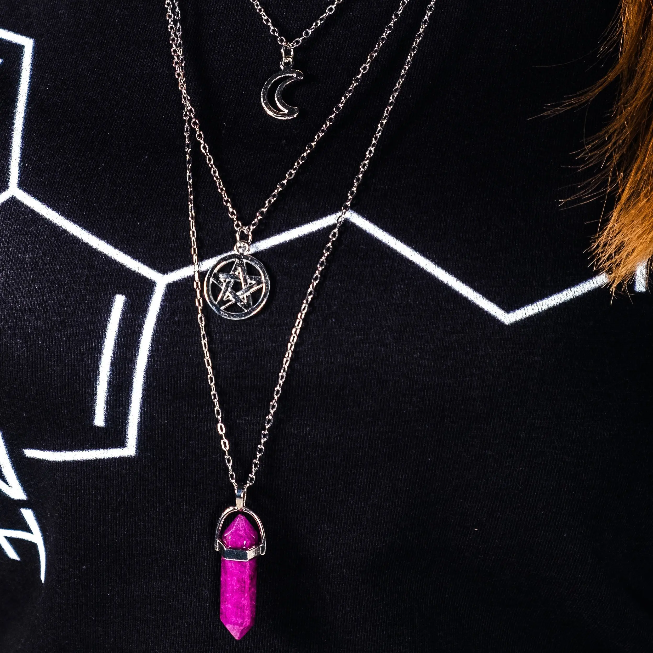 Crescent Moon, Pentagram, and Stone Trio Necklace Set - Zinc Alloy, 18-26 Inches