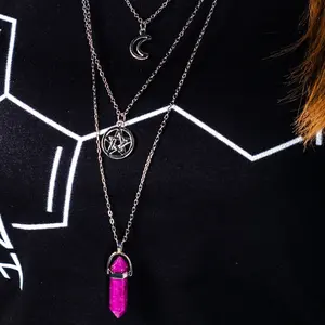 Crescent Moon, Pentagram, and Stone Trio Necklace Set - Zinc Alloy, 18-26 Inches