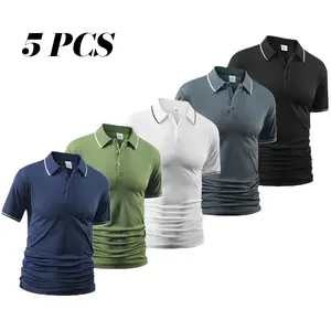 Men's 5 PCS Multi-Color Short-Sleeve Polo Shirts Set, Contrast Trim Collar Slim-Fit Tops for Casual & Daily Wear