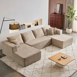 ModMood Cloud Sectional Couch with Corduroy Floor Sofa (133x70") - U-Shaped Modular Set + Chaise, Ottoman & 7 Pillows - No Assembly Cozy Lounge compress  sofa tiktok  shop  fyber  monday soft plush corduroy shape couch fluffy memory foam modern modular