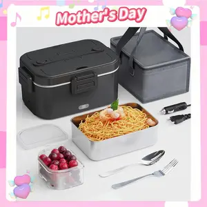 Nifogo Electric Lunch Box for Adults 12V/24V/110V Heated Portable Food Warmer with 304 Stainless Steel Container Fork Spoon Carry Bag Insulated Plastic Lids