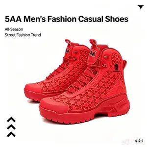 5.AA Men's Neon Mesh Lace-Up High-Top Ankle Boots Lightweight Slip Resistant MD Sole Anti Collision KPU Shock Absorbing Arch Support Flexible Daily Walking City Casual Travel Footwear Bright Red Orange Green