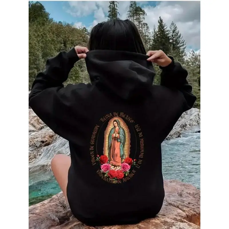 Men's Our Lady of Guadalupe Back Print Cotton-Polyester Long Sleeve Round Neck Pullover Hoodie - Black, Loose Baggy Oversized Fit, Cultural Religious Latino Faith Clothes, Casual OOTD Comfort Top, Gift Option, All Seasons, Outfits, Do Not Dry Clean, Sweat