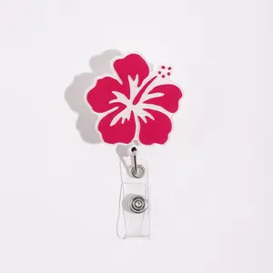 Rose Badge Reel with Expandable Clip, Cute Tropical Floral Design, Transparent Card Holder, Ideal for Hanging ID Badges