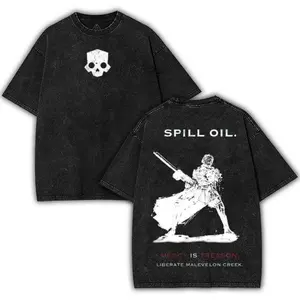 Helldivers 2 - Spill Oil Oversize Unisex Washed T-Shirt, Double Printed Streetwear Game Merch Gift For Fan  Seamless Tops Cotton Fit Black Oversized
