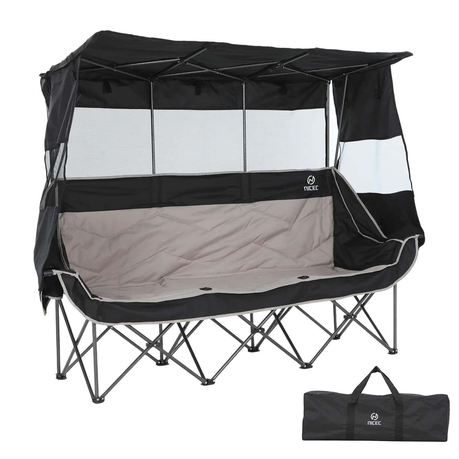 3-Person Padded Folding Camping Sofa Couch - Rainready Canopy, Cup Holder, Carry Bag, Foldable Beach Chair, Portable Outdoor Camping Furniture for Outdoor Seating, Beach Chair Foldable