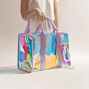 Large Beach Tote Bag for Women 26L Waterproof Sandproof with Zipper Pouch Jacquard Strap Iridescent Clear Tote Bag for Vacation Holiday Travel Beach Swimming Pool Cruise Boat Bag