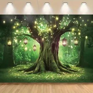 1PC,2D Flat Enchanted Forest Big Tree Backdrop, Fairy - tale Magic Tree Photography Background Cloth, Birthday Party Wedding Photo Background Decoration, Forest - style Hanging Lamp Luminous Tree