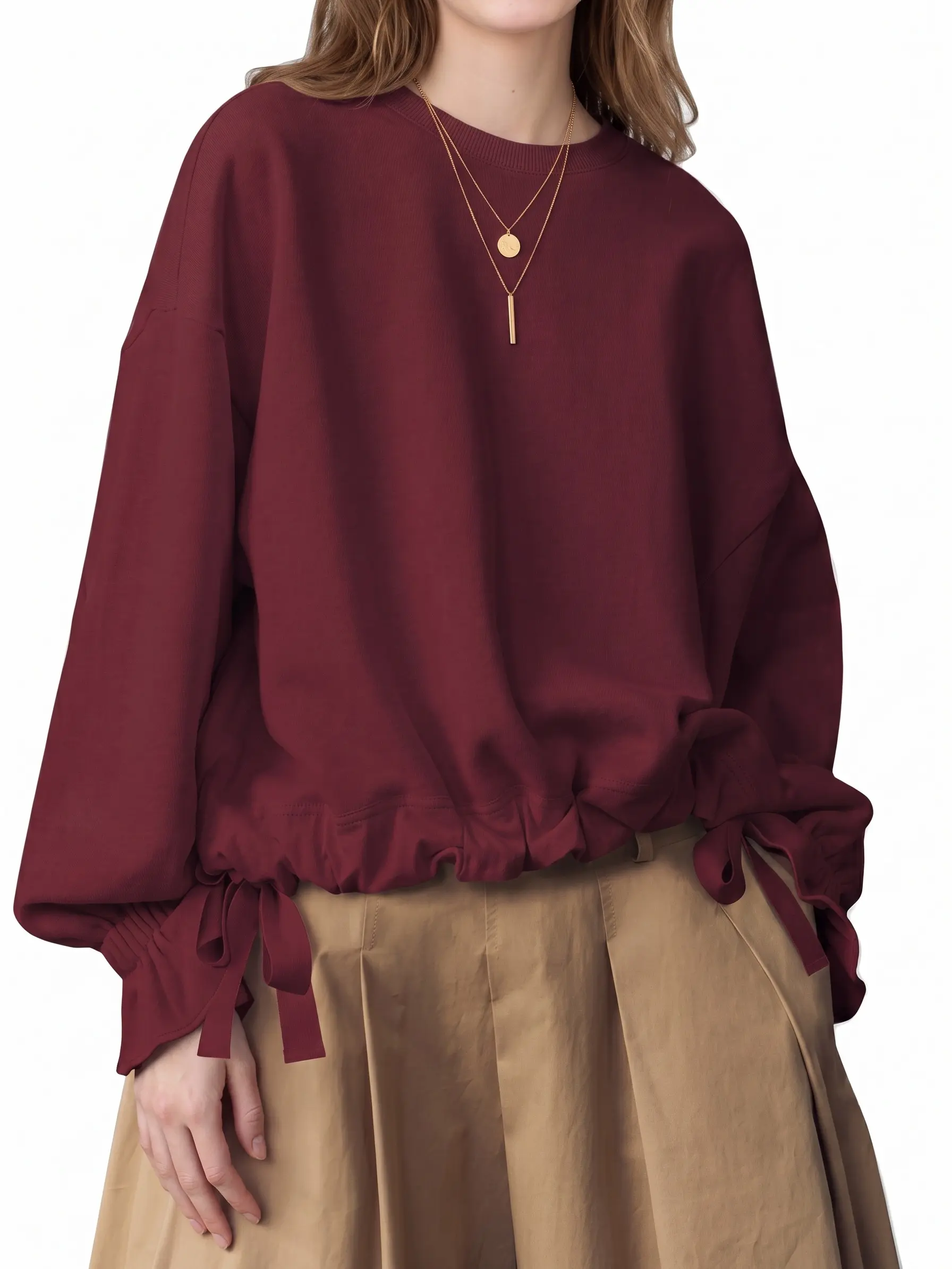 Shewin Women's Round Neck Drawstring Hem Sweatshirt Ruffle Cuff Knot Tie Loose Everyday Casual Pullover