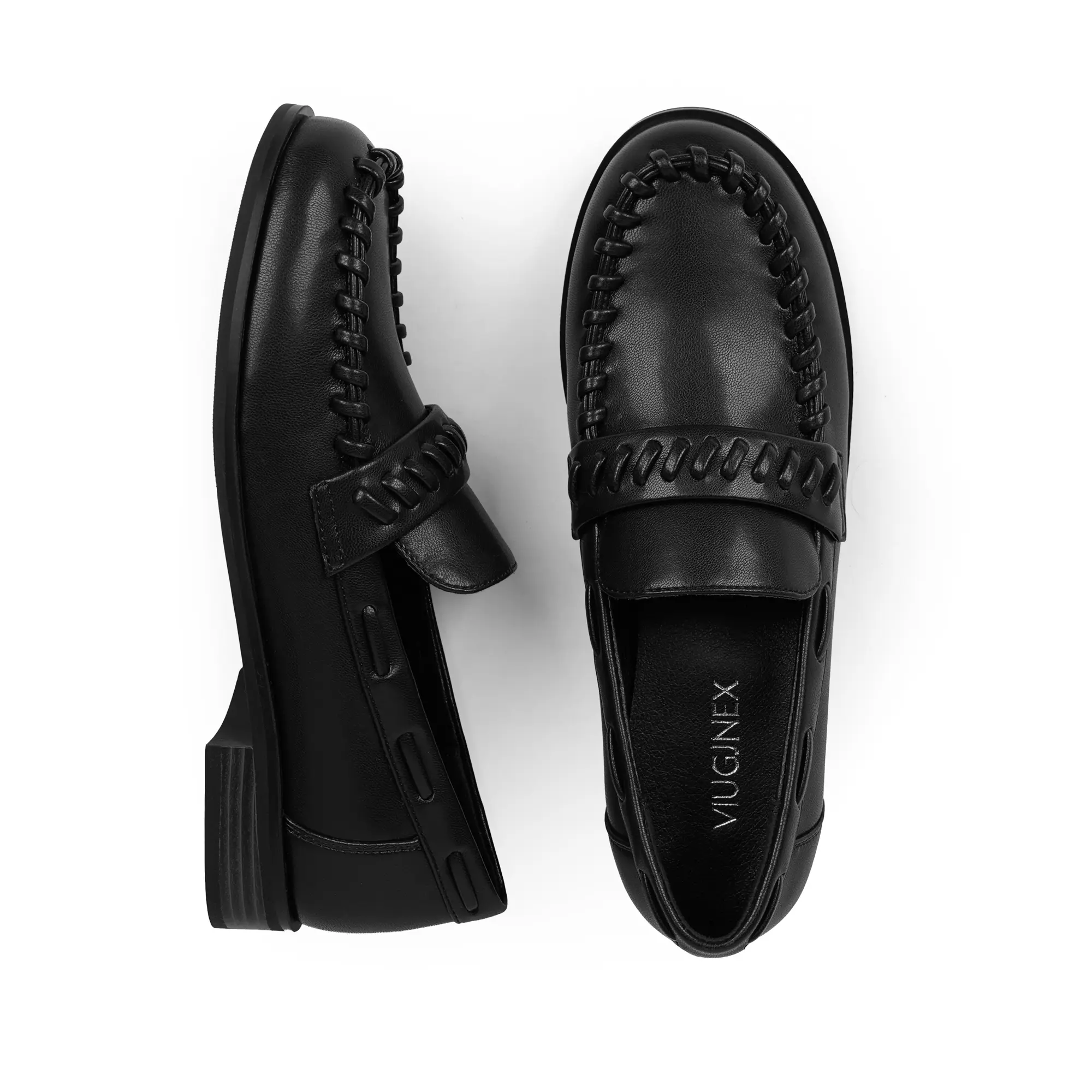 [VIUGJNEX]Women's Loafers with Woven Strap Detail Business Casual Slip On Shoes Low Chunky Heel