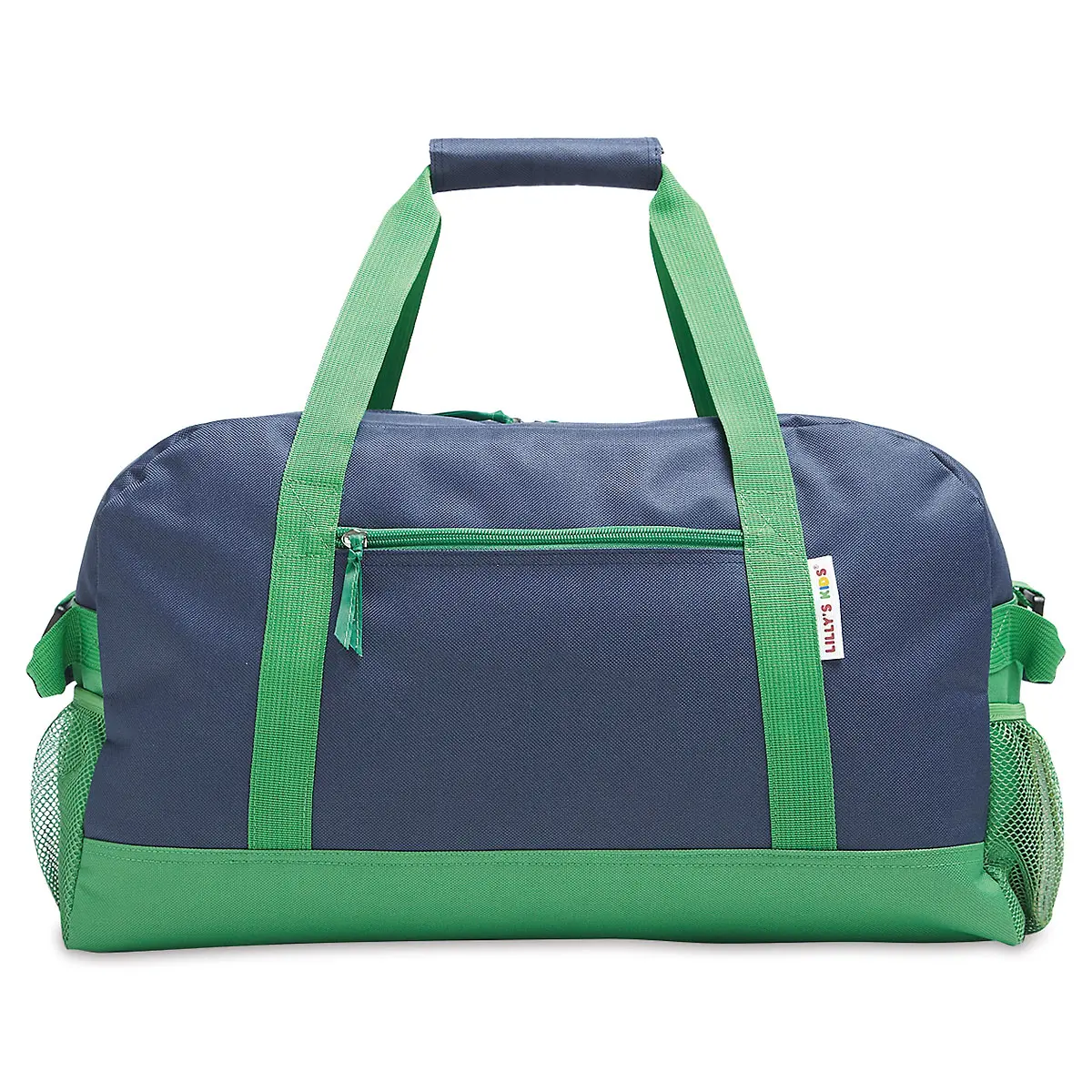 Lillian Vernon Navy and Green Medium Duffel Bag for Kids - Sports and Activities, Luggage, 11" x 12" x 23"W