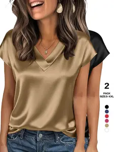 2026 Spring Summer Women's Satin V Neck Blouse, Short Sleeve Dolman Sleeve Silky Work Shirt, Loose Fit Elegant Business Casual Top for Office & Daily
