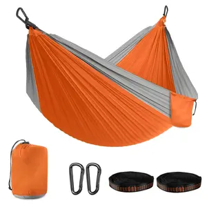 500 Lbs Capacity Double Camping Hammock 10ft x 6.5ft Orange Gray 210T Nylon, Portable Storage Bag D-Rings Wide Straps, Breathable Durable Outdoor Camping Gear