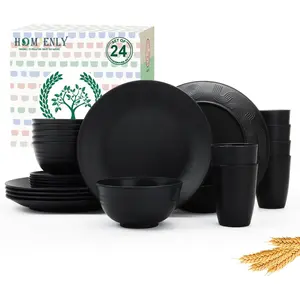 24-Piece Wheat Straw Dinnerware Sets,Service for 6 - Cups, and Sets,Reusable Dishwasher and Safe Dinnerware Set for Home,Camping,RVs - Black