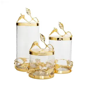 Glass Canister w/Gold Hammered Lid & Leaf Décor
