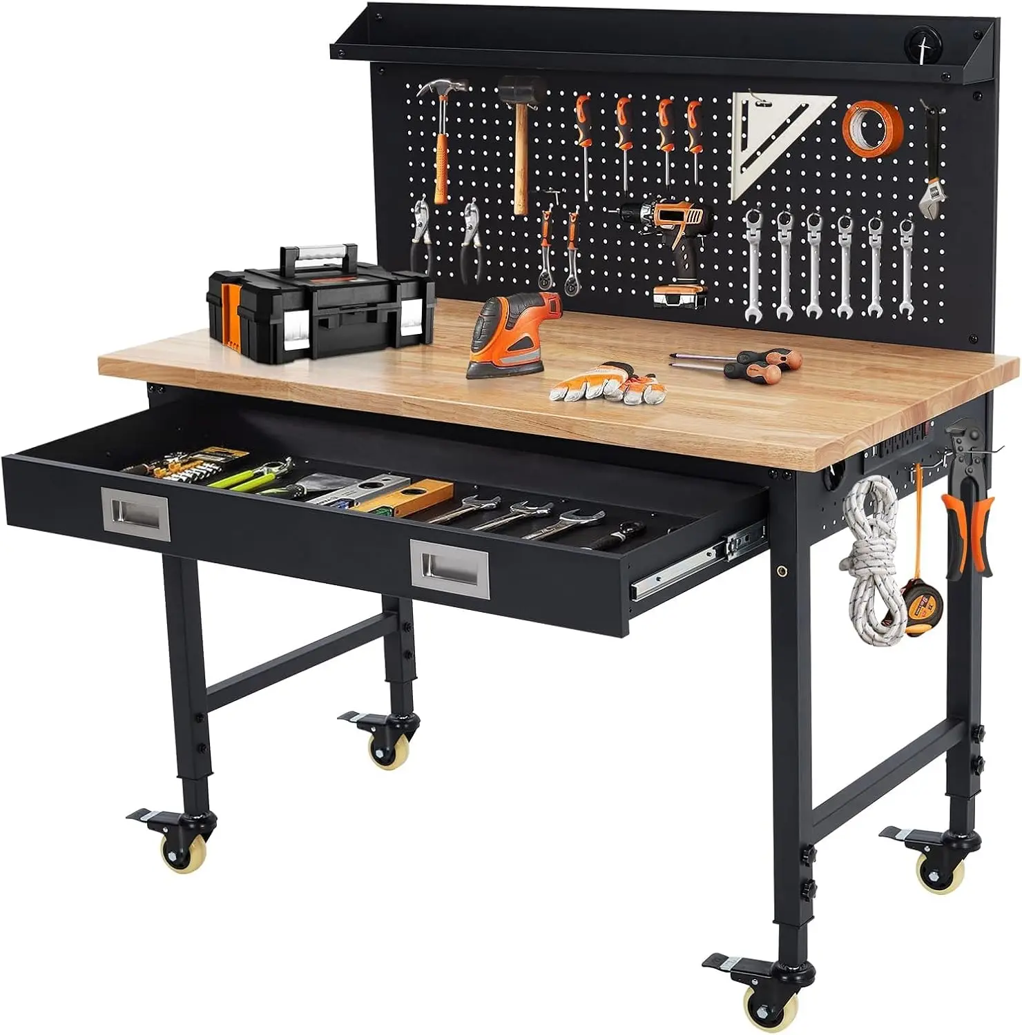 Garvee 48” Adjustable Workbench with Drawer Storage, 2000 LBS Load Capacity Heavy Duty Workstation with Power Outlets, Rubber Wood Top Worktable for Garage, Office,Workshop, Commercial