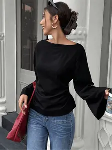 Elegant Women's Waist Cinched Top, Flare Sleeve Design, Flared, Comfortable Long Sleeve Shirt, Perfect for Daily Commuting