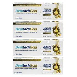 Denttach Gold Denture Adhesive, Petroleum Free Olive Oil Based Premium Denture Adhesive Cream for Full and Partial Dentures, All Day Secure Hold Denture Glue, Zinc Free, 2.4 Ounce