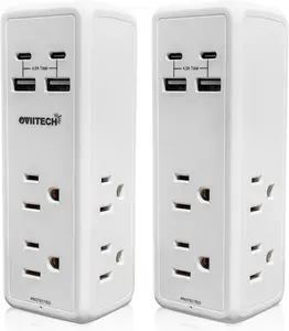 Multi Plug Outlet Extender, 4USB Wall Charger, Wall Plug Splitter with 6 Outlets 450J Electrical Power Expander with Surge Protector,Spaced for Travel,Home, Office, White 2Pack