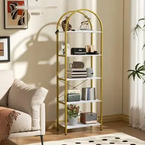 Garvee 5-tier shelf, metal and wood shelf, industrial shelf, standing shelf, for bedroom, living room, home office, gold and white