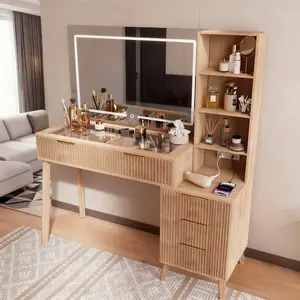 Hippo Furniture Light Brown Makeup Vanity Desk with LED Mirror, Power Outlet, Glass Top, 5 Drawers & Stool