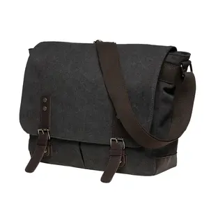 KAUKKO Canvas Vintage Messenger Bag Shoulder Bag Leather Large Travel Crossbody Bags for Men Women 14-inch Laptop with Adjustable Strap & Multiple Pockets Magnetic Closure