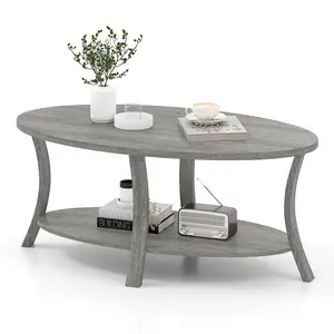 COSTWAY - Oval Coffee Table 2-Tier Center Table with Storage Shelf-Gray