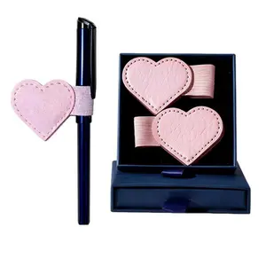2pcs Creative PU Leather Heart-Shaped Magnetic Leather Bookmarks with Pen Holder, Cute Mini Portable Page Clips Personalized Book Marks Notebook Pencil Loop for Women Girls Artist Book Lover Readers Business Students Library Use, Gift Box Book Accessories