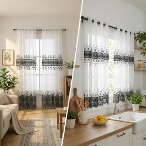 4-Panels 52x84 Inches & 52x60 Inches Embroidered Water-Soluble Hollowed-Out Curtain Customization Package. 2 pieces are long water-soluble embroidered curtains with rods, and 2 pieces are short water-soluble kitchen curtains with loops. FT555+SR122