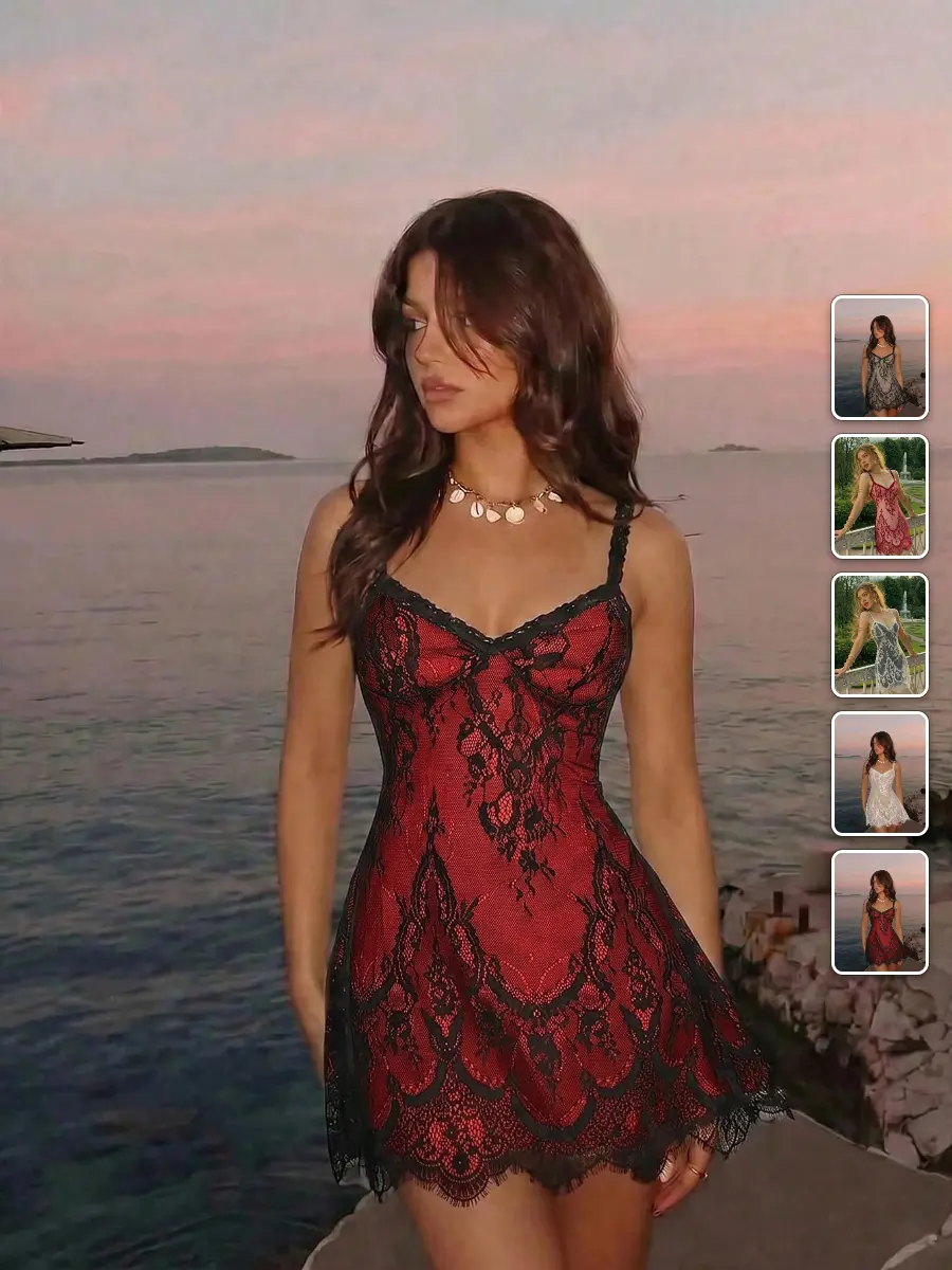 Mini Slip Dress Lace Floral Sheer Overlay Scalloped Hem Summer Vacation Outfit