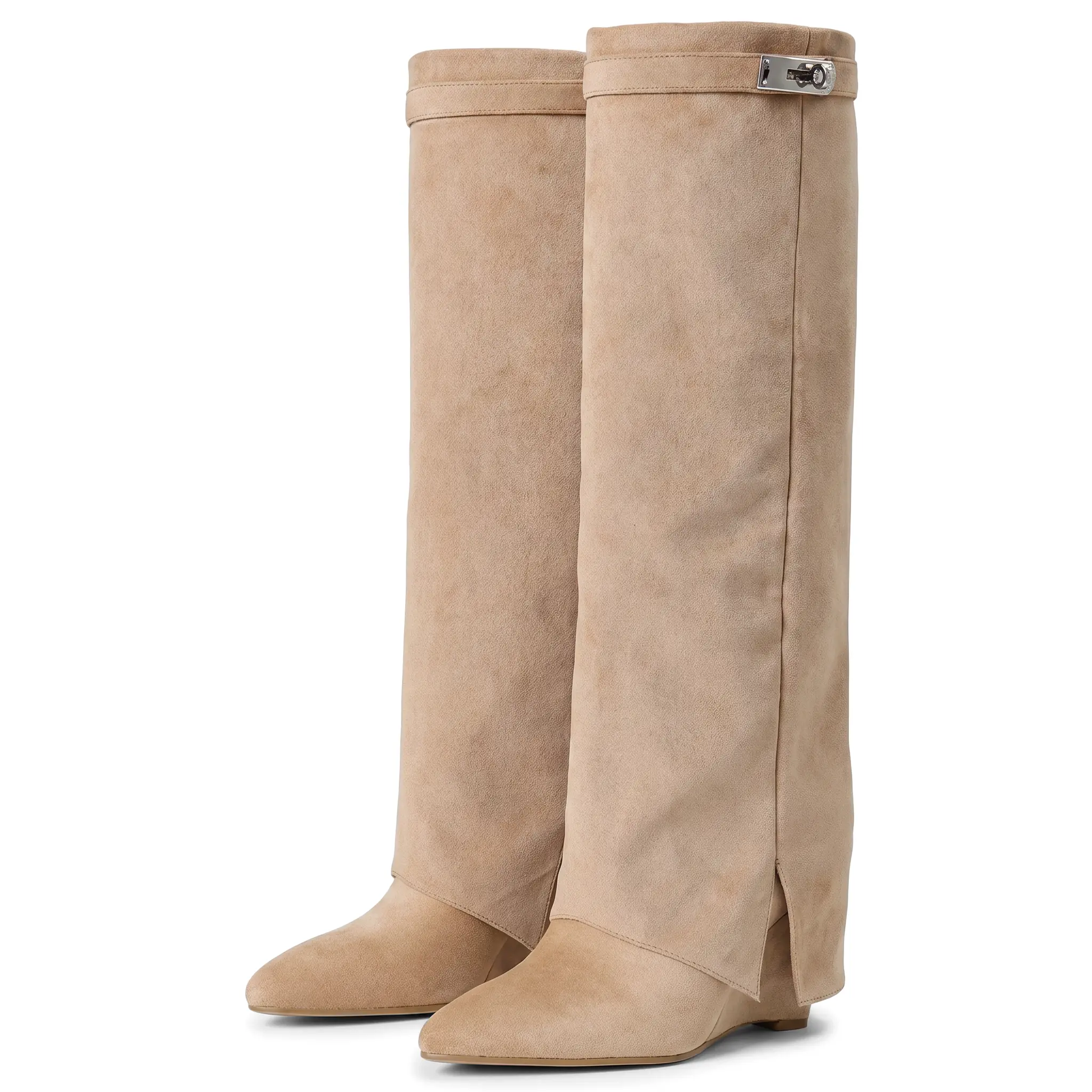Women's Custom Suede Fold-Over Knee-High Wedge Boots - Pointed Toe, Slit Shaft, Metal Buckle, Wedge Heel - Dressy Casual Footwear for Fall, Winter Date Night