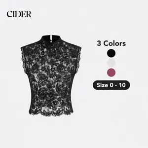 Cider [size 2-10] Lace Mandarin Collar Floral See-through Tank Top