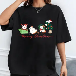Meowy christmas 100% cotton gift for women merry xmas sweatshirt Womenswear Check Comfy Prints Streetwear Summer Casual Round Neck Top Embroidered