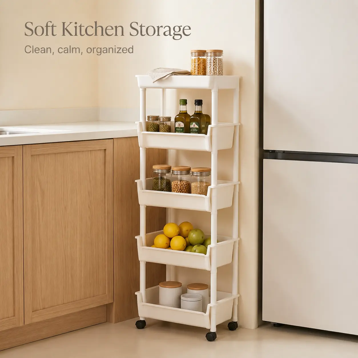 Mobile Plastic Household Storage Organizer Cart with Wheels - Casual, Heavy-Duty, Lightweight Rectangle Multi-Tier Adjustable Multi-Room Utility Cart for Bathroom, Dorm Storage - Easy Assembly, Space-Saving Freestanding Rolling Rack, Engagement Gift, Ever
