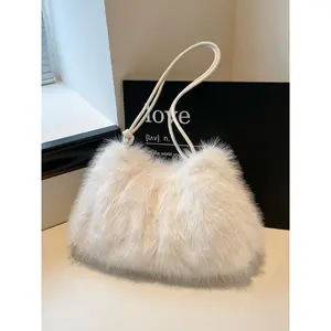 Ladies' Retro Plush Casual Crossbody Bag, Autumn & Winter Fashion Trend, Versatile Daily muting Accessory, Ideal for Shopping & Gift Giving women shoulder plain design Fashionable Plaid tote small Iridescent Crescent multi-pocket zipper crossbody bag