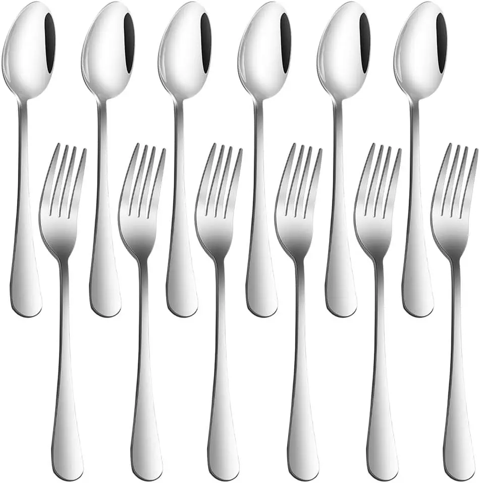 [New Deal] 12-Piece Stainless Steel Cutlery Set, 6.7 in Heavy-Duty Dinner Forks and Spoons, Round-Sided Silver Tableware, Dishwasher Safe