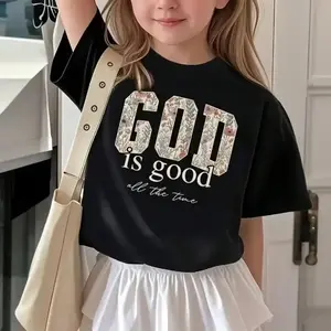 Girls' Christian Faith-Based Cotton T-Shirts - "God is Good All the Time" Bible Tops, Soft Elastic Knitted, Lightweight Summer Wear for Young Believers, Black and White Letters, Suitable for Daily & Church Use, Religious-Inspired Girls' Clothing