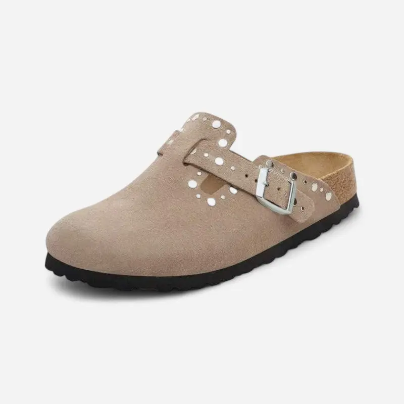 Boston Rivet Taupe Suede Leather Narrow