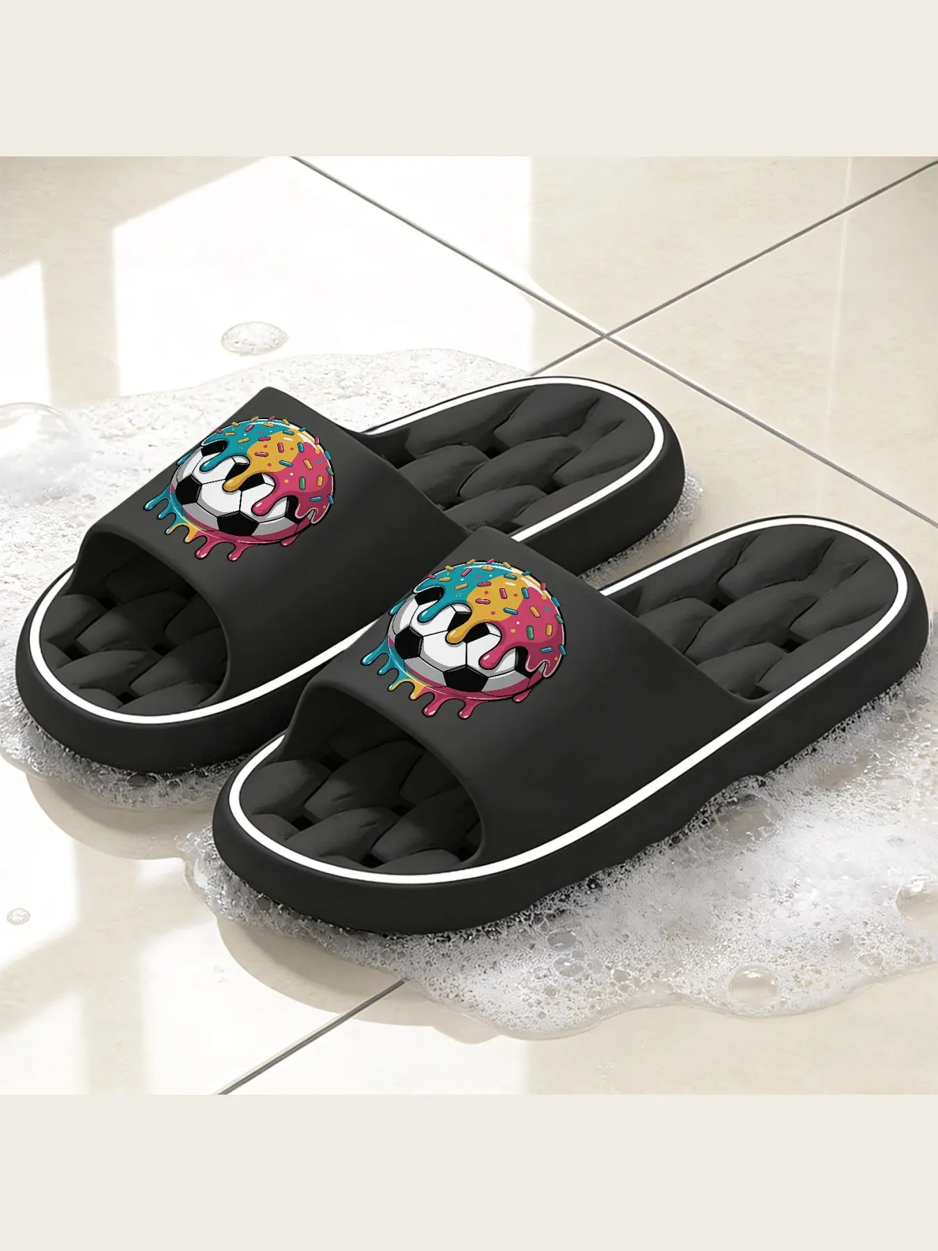 Soccer Donut Slides for Men Women, Funny Melted Glaze Sprinkles Soccer Ball Print Non Slip Casual Slippers, Cute Lightweight Indoor Outdoor Shower House Slide Sandals, Unique Sweet Sport Themed Home Beach Pool Shoes