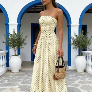 2026 Women's Polka Dot Strapless Maxi Dress Ruched Bodice Flowy Summer Vacation Sundress
