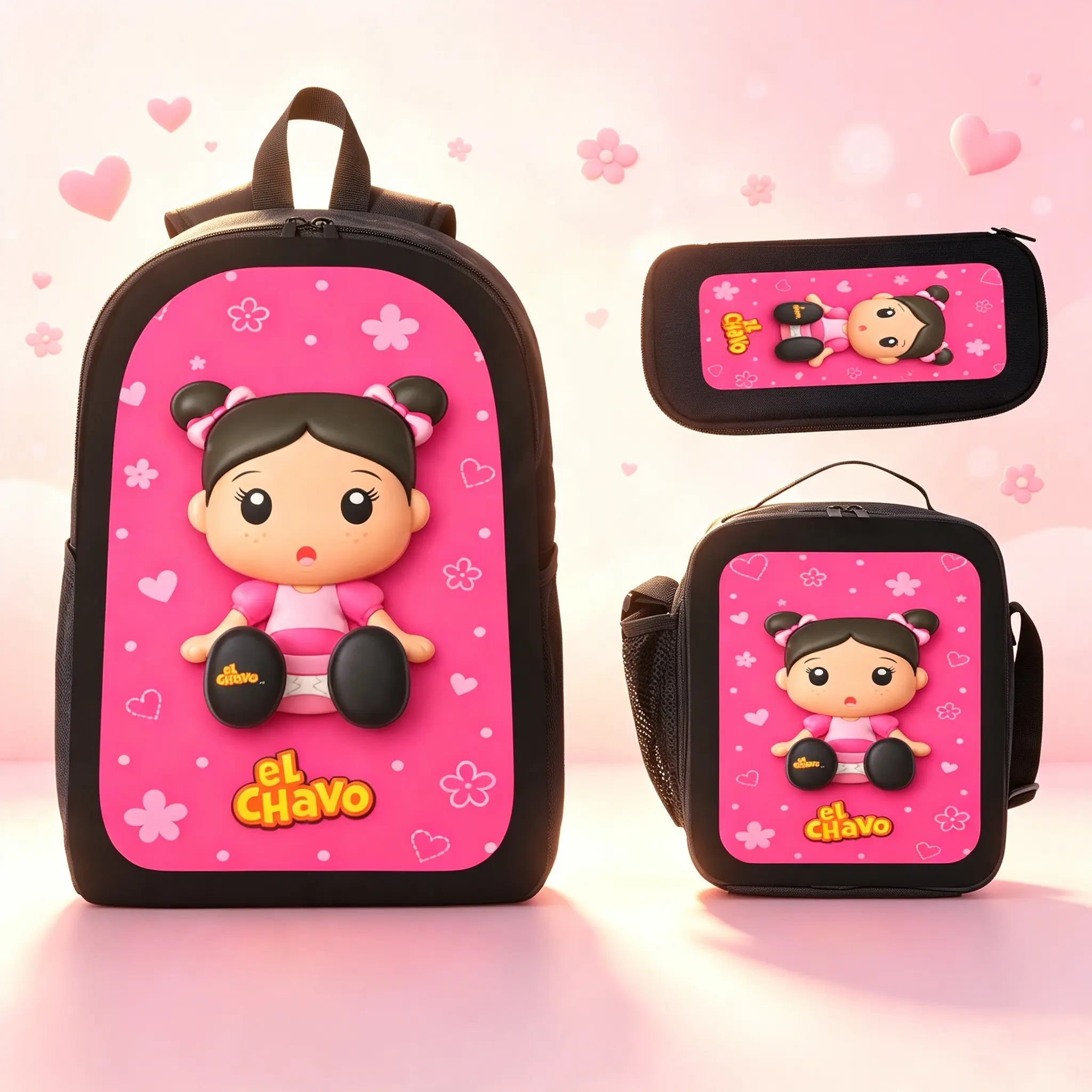 Fashion El Chavo Backpack Large Capacity Commuter Bag Cartoon Casual Backpack Set 3 pc Backpack Lunch Bag Pencil Case Laptop Daypack Travel School Bag Unisex Durable Back To School Gift Summer Backpack Set-2D