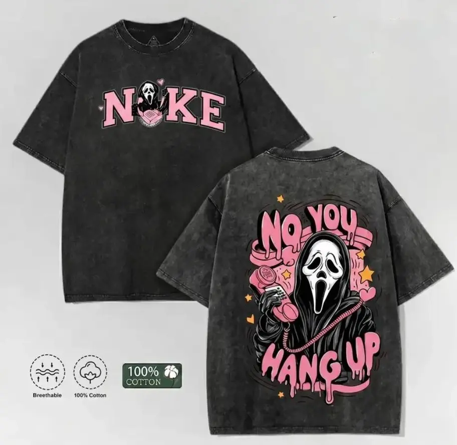 Vintage Acid Wash "No You Hang Up" Graphic Tee | Creepy Cute Ghost Oversized Shirt | 100% Cotton Y2K Parody Streetwear short-sleeved t-shirt men cottontees top vintage menswear loose fit summer casual shirt