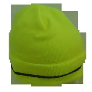212 MAIN Safety Beanie Hat - Lime Color with Reflective Woven Stripe, 100% Acrylic Double-Layer Knit, 1-Size Fit