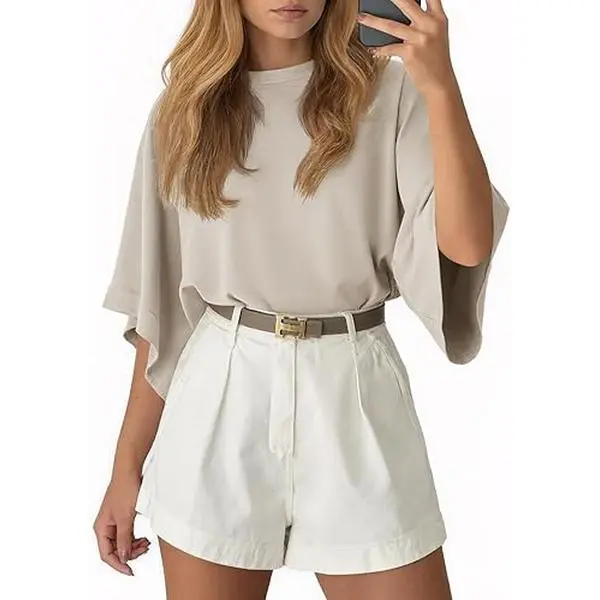 Tankaneo Womens Oversized Batwing Short Sleeve T Shirts Summer Casual Round Neck Tunic Tops Loose Fit Basic Tees