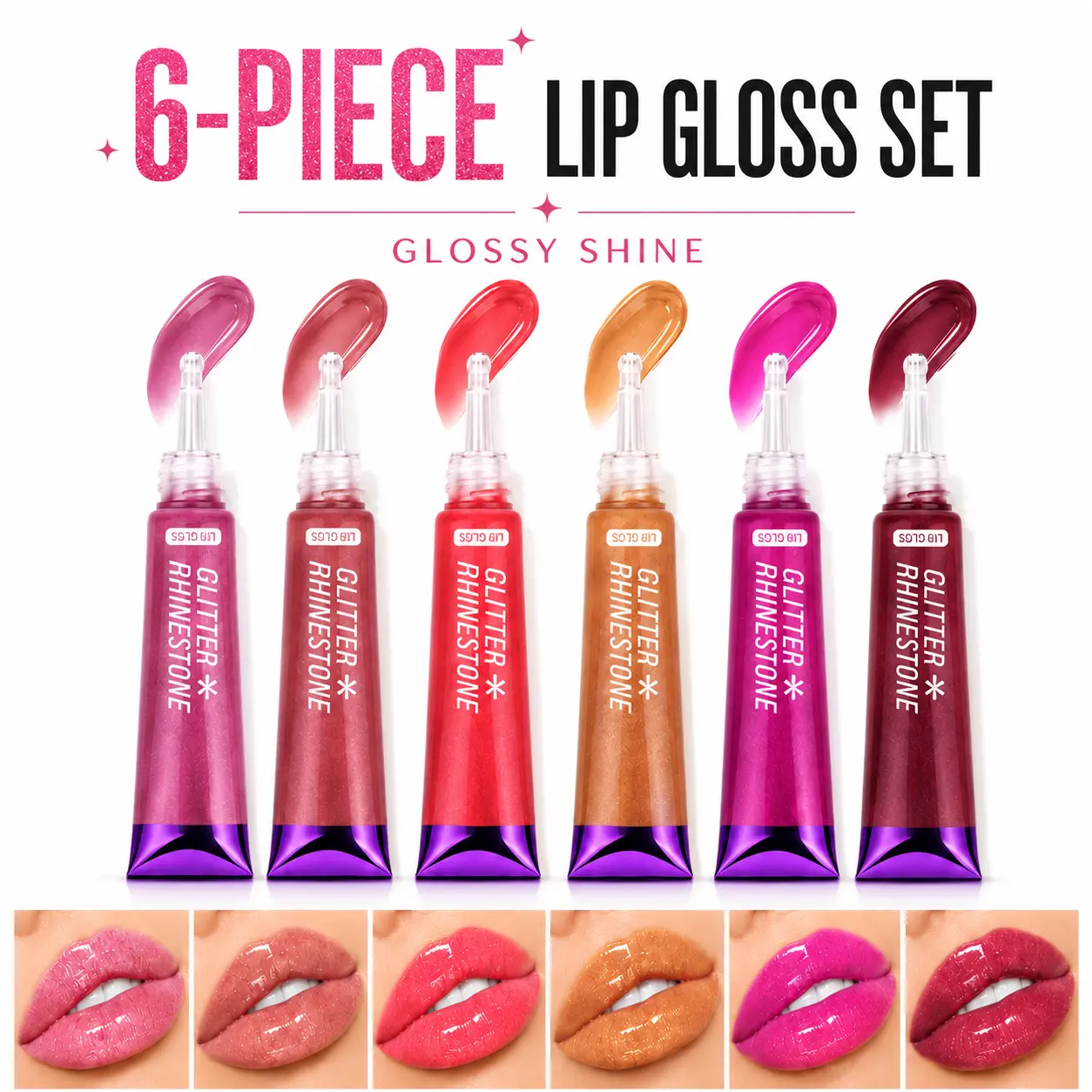 6-Color Shimmer Finish Lip Gloss Set - Pink, Coral, Nude, Berry Shades - Long-Lasting Lip Makeup for Beauty Enthusiasts