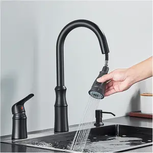 Kitchen Sink Faucet 3-Hole Single Handle Kitchen Faucet with Pull-Down Sprayer Optional Soap Dispenser Matte Black / Brushed Nickel