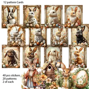 52pcs Vintage Easter Rabbit Postcard set Postcard Variety (12 Cards+40 Sealing Stikers) Bunny Easter Themed with Colorful Egg, Bascket. Patterns Suitble for Holidy Decor Flag, DIY Craft, Album Decor, Greeting Cards