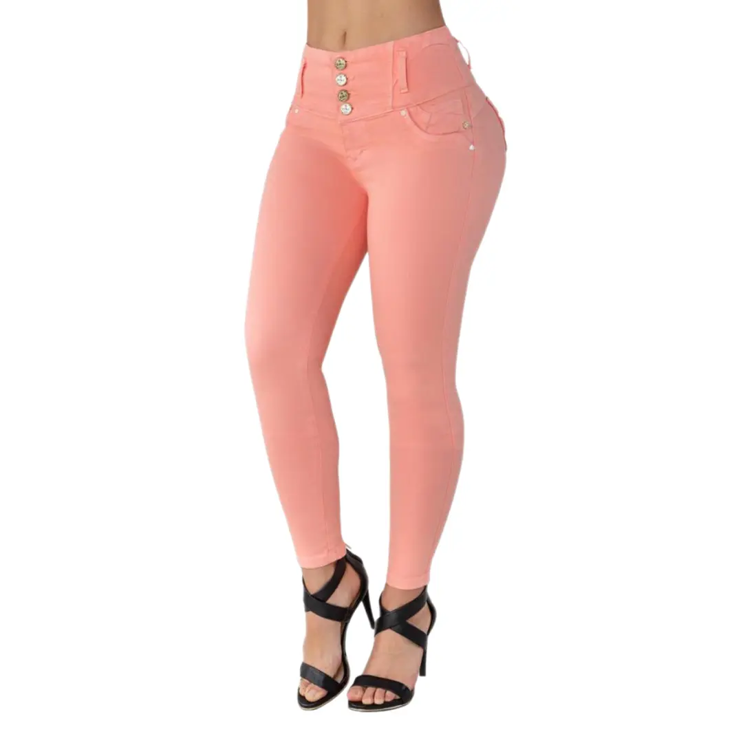 Tiki Jeans TK461 Women's High-Waist Push-Up Skinny Jeans, Butt-Lifting Stretchy Denim Bottoms with Pockets, Lightweight Comfortable Fabric, Blush Pink, Heart Button